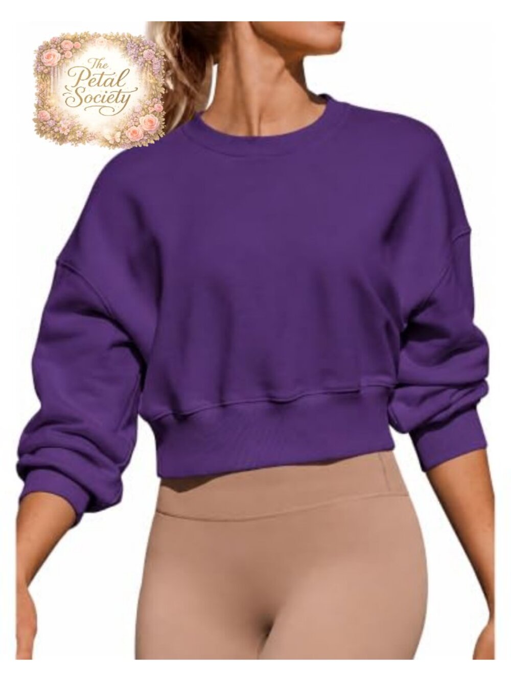 Fleece Cropped Sweatshirt Drop Shoulder Loose Fit Crewneck Pullover